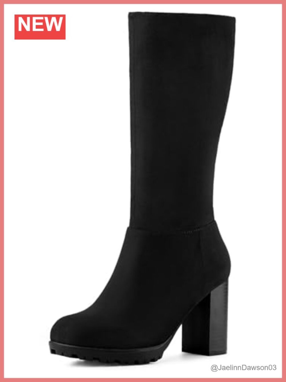 Faux Suede Chunky Block Heel Mid Calf Boots Zipper Closure Round Toe